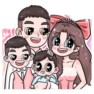 星蝶公主一家三四口手绘头像定制卡通全家福装饰画照片转Q版漫画
