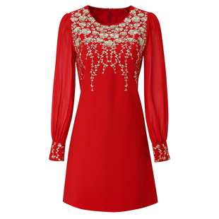 海青蓝高级感重工刺绣连衣裙2025春装新款气质优雅本命年红色裙子