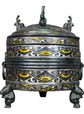 仿古青铜器错金银三足圆鼎摆件