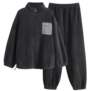 情侣睡衣冬季珊瑚绒加厚保暖高领拉链款男女家居服秋冬可外穿套装