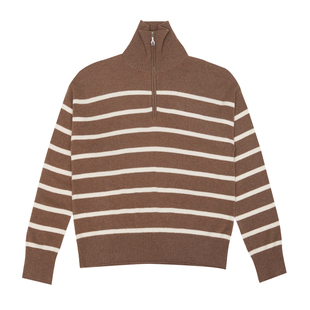 鹿王100%山羊绒衫女半拉链翻领条纹针织衫毛衣内搭保暖25年秋冬新