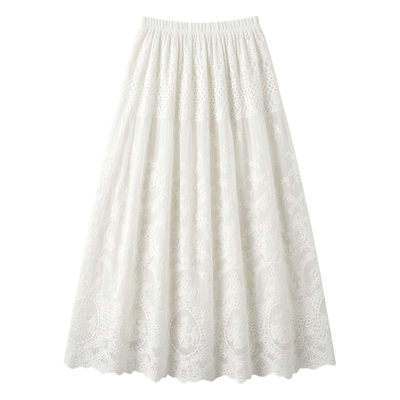 休闲高腰中长款纯色蕾丝网纱半身裙女Mid length lace mesh skirt