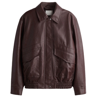 HM女装皮衣冬季大廓形涂层翻折领飞行员夹克1308355