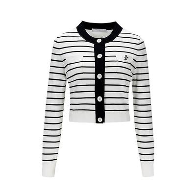 munsingwear万星威秋冬女士短款条纹撞色长袖圆领开衫外套针织衫