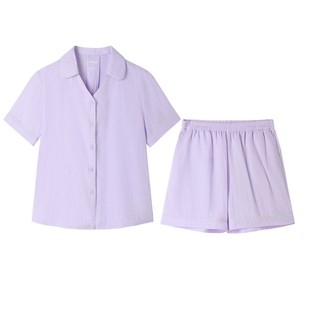 全棉时代男女士双层纱布家居服纯棉情侣短袖睡衣夏五分裤夏装