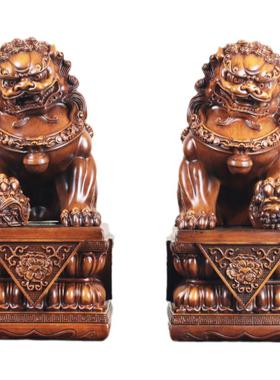 森木桐仿木雌雄狮子一对中式摆件