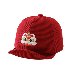 宝宝红色鸭舌帽子新年秋冬季灯芯绒软檐棒球帽男女婴幼儿喜庆百搭