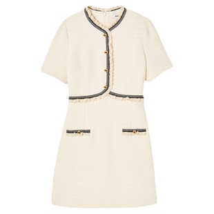 SANDRO秋冬女装经典款法式气质时尚白色花边领口短款花呢连衣裙