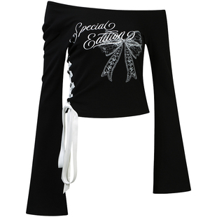 GUUKAHERO黑色性感斜领长袖T恤女绸缎调节设计甜酷辣妹蝴蝶结上衣