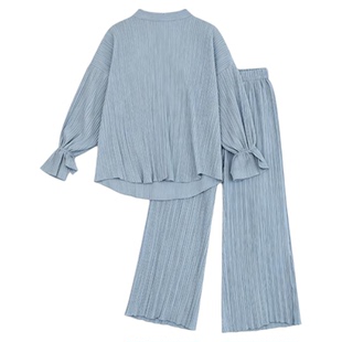 压褶衬衫开叉阔腿裤两件套Pleated shirt slit wide-leg pantsuit