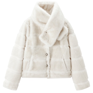 乐町圆领珍珠扣质感毛毛外套冬季新款加厚可爱千金风条纹短款外套