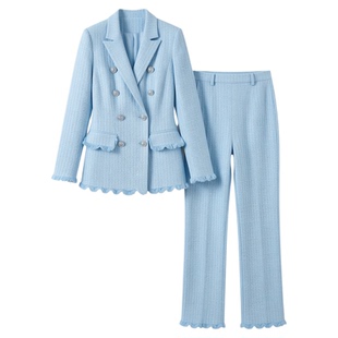 蓝色双排扣西装套装女202冬季新款职业气质喇叭裤时尚洋气两件套