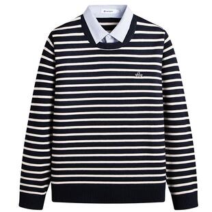 Navigare意大利小帆船长袖条纹针织衫男春秋新款衬衫领假两件毛衣