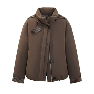 鸭鸭羽绒服女冬短款2025新款时尚格子拼接复古宽松设计款保暖外套