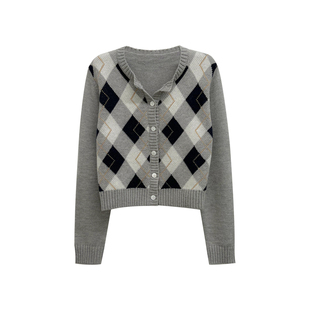 米米子微胖大码胖mm“缪尔手记”甜美气质时尚菱格纹开衫毛衣女秋