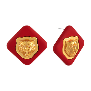 国潮耳钉几何方形中国风传统虎年复古生肖老虎本命年新年耳环耳饰