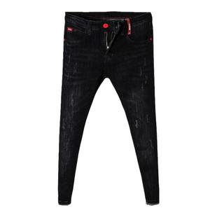秋冬款网红裤子男韩版潮流修身型小脚裤潮牌黑色紧身牛仔裤男长裤