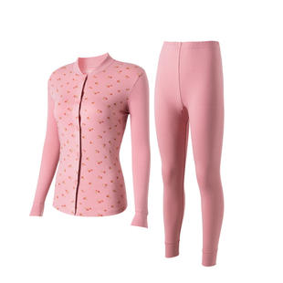 顶呱呱开衫系扣女保暖内衣中老年妈妈老太太秋衣秋裤套装纯棉印花