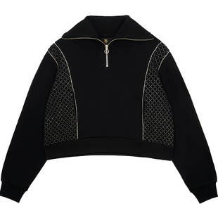 RSG郭培成衣品牌高光十刻金标点钻黑色翻领套头长袖卫衣女装