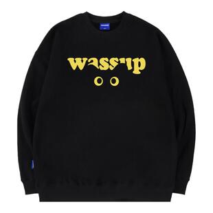 WASSUP卡通潮牌猫咪圆领卫衣男女春秋季新款宽松加绒百搭套头上衣