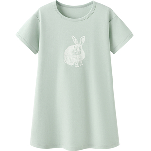 junejunior儿童睡裙睡袍夏季薄款短袖连衣裙纯棉薄款女童家居服