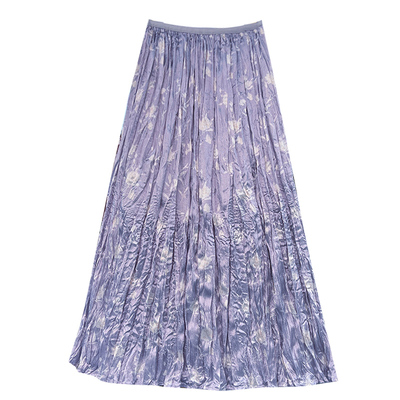 独特高级长款紫色复古褶皱碎花半身裙女2026春季新款百褶裙子长裙