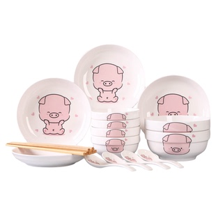 中式可爱卡通陶瓷18件套装家用 高颜值餐吃饭碗盘子勺子筷子面碗