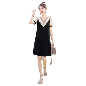 丝柏舍撞色连衣裙2024夏装新款女时尚优雅气质短袖荷叶边显瘦裙子