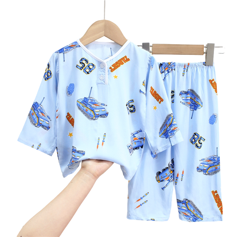 夏天儿童睡衣宝宝长袖卡通空调服中大童男女孩棉绸短袖家居服套装