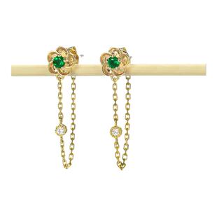 绿樱18K黄金天然祖母绿小耳钉流苏耳链 翠绿色宝石彩金镶真钻石女