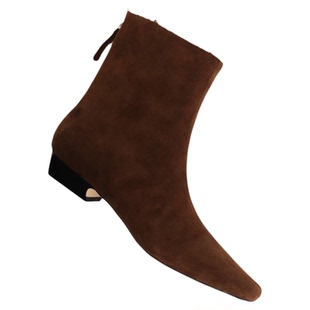 InkingPot彭姐 极简老钱风法式方头短靴马皮及踝靴气质低跟瘦瘦靴