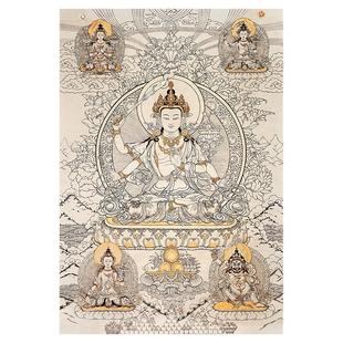 五部文殊白描画稿复古书画工笔佛像国画真迹宣纸微喷仿古挂轴装饰