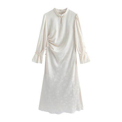 固执新中式旗袍提花长袖连衣裙