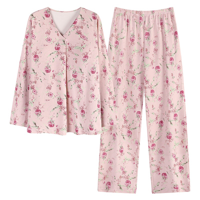 猫人带胸垫睡衣女春秋款纯棉长袖中年妈妈家居服套装防凸点可外穿