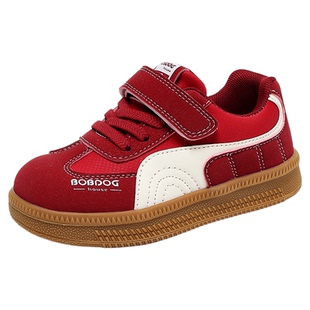 巴布豆儿童时尚板鞋男童2025新款春秋季皮面防水红色女童运动鞋子