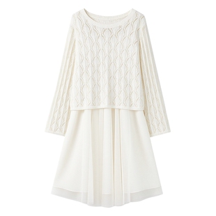 秋水伊人立体钩花连衣裙套装2026年春季新款女通勤圆领宽松两件套