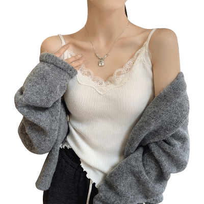 大码V领蕾丝吊带背心针织打底衫
