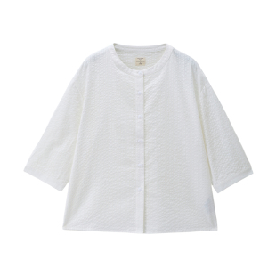佐丹奴新中式衬衫女纯棉提花暗条纹宽松圆领七分袖上衣女05346469