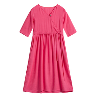 小乐往原创亲子装171课夏玫红文艺度假五分袖V领女童母女装连衣裙