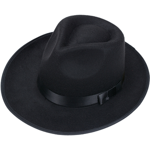 上海滩大沿礼帽男女爵士帽黑色帽子复古中老年人春秋冬毛呢帽绅士