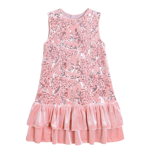 NORNOR陈大猪女童亮片丝绒裙国风新款冬装好看粉色儿童背心连衣裙