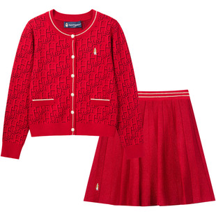 暇步士童装女童新年套装25秋冬新款大童喜庆红色针织开衫儿童短裙