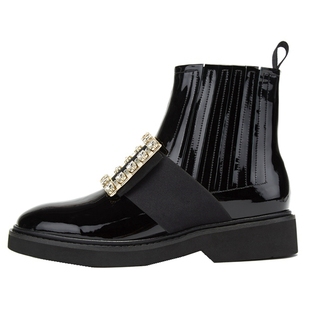Aee/爱意冬短靴水钻方扣松紧筒英伦风女靴中跟皮靴4119505310