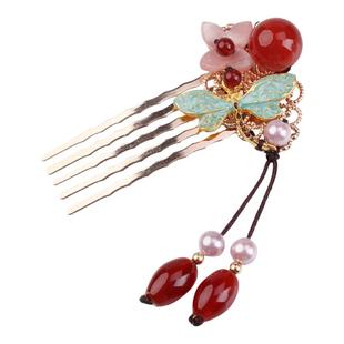 红色发梳古风汉服发夹超仙步摇宫廷典雅头饰碎发装饰发卡秀禾发饰