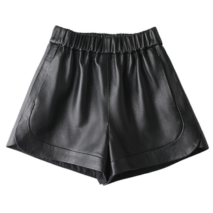 咖色皮短裤女秋冬新款松紧腰高腰显瘦百搭绵羊皮真皮短裤阔腿皮裤