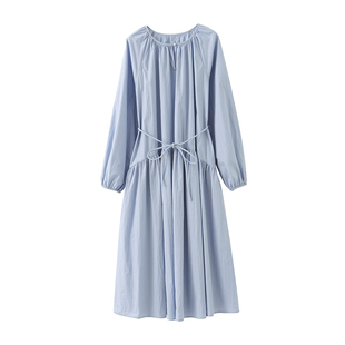 【到手259元】慵懒收褶圆领宽松长袖叠穿连衣裙收腰法式中长款女