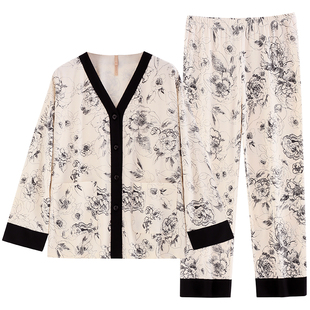 【柔感】家乐芬睡衣女士春秋款秋季纯棉长袖家居服薄款高级感套装