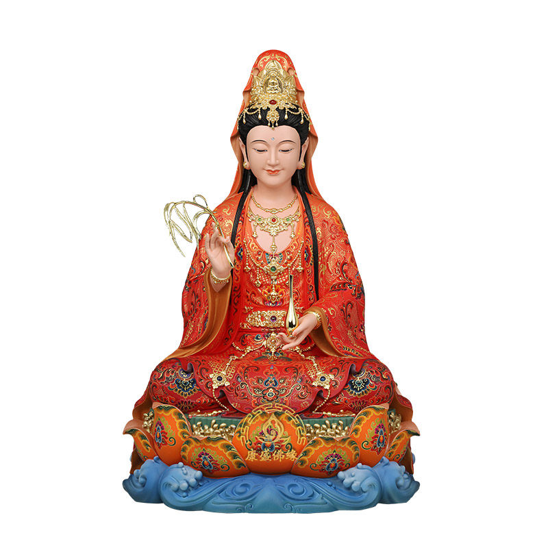 观音菩萨像黄铜漆线中式佛堂摆件