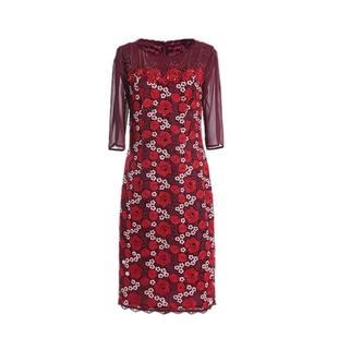 乔万尼秋装商场新款红装礼服中年女士刺绣花朵中袖连衣裙女中长