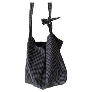 KWAN日系棉麻格纹慵懒帆布袋轻便单肩斜挎包复古小众百搭托特包女